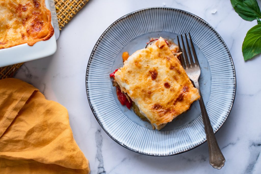 lasagna with summer veggies, tomato sauce and bachamel recipe